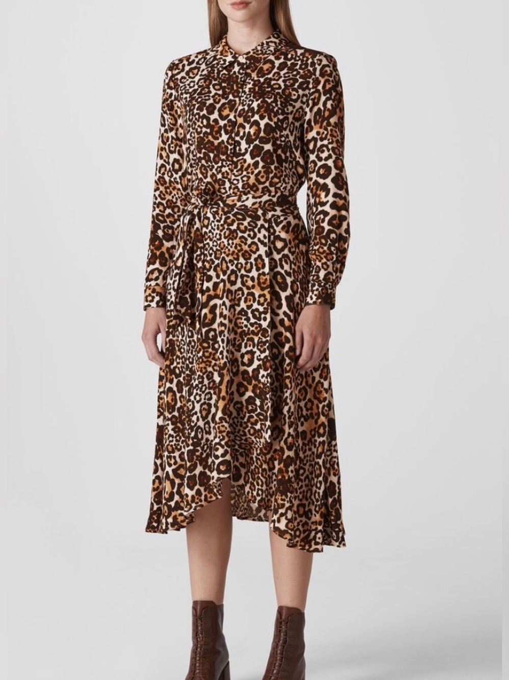 Whistles Esme Leopard Print Midi Shirt Wrap Dress US 2 Small